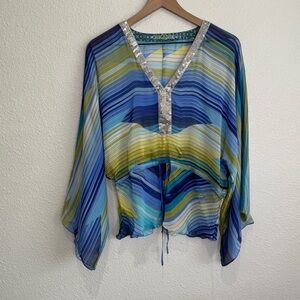 Robert Gram Womens Large 100% Silk Sheer Sequin Boho Flowy Coverup Vacation